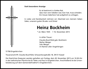 Anzeige von Heinz Bockheim von Kölner Stadt-Anzeiger / Kölnische Rundschau / Express