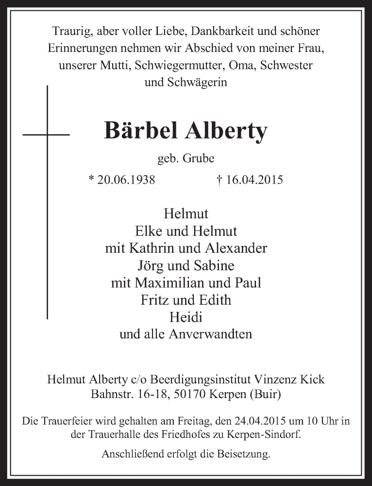  Traueranzeige für Bärbel Alberty vom 22.04.2015 aus  Werbepost 