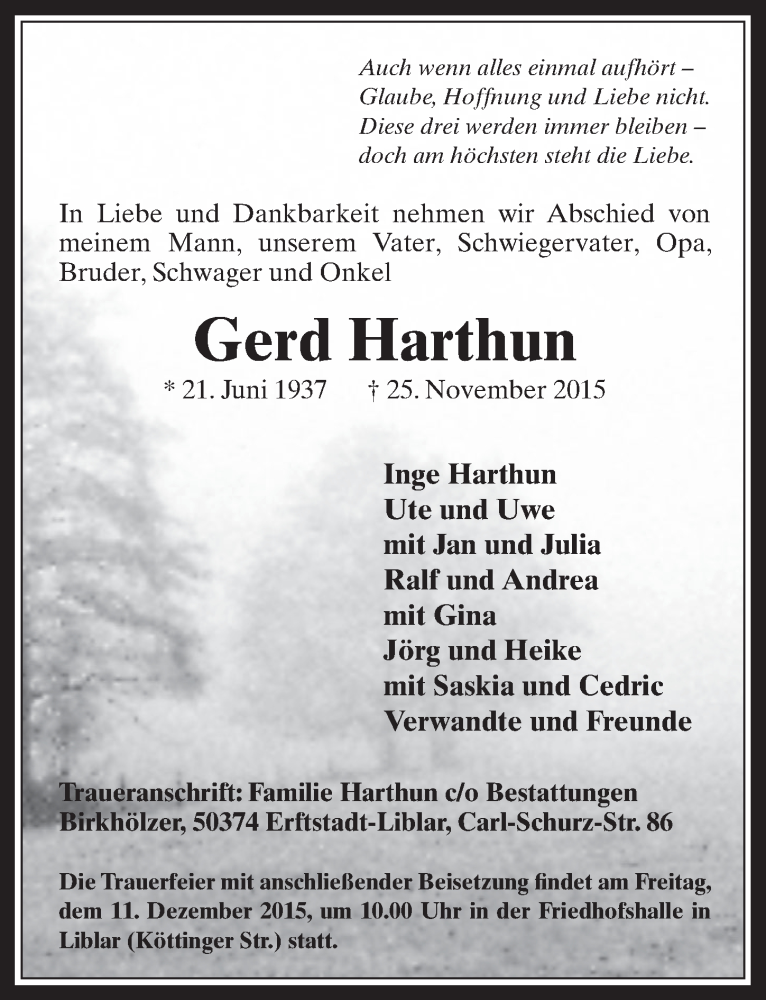  Traueranzeige für Gerd Harthun vom 09.12.2015 aus  Werbepost 