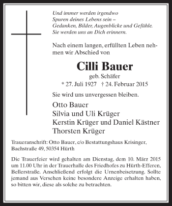 Anzeige von Cilli Bauer von  Wochenende 