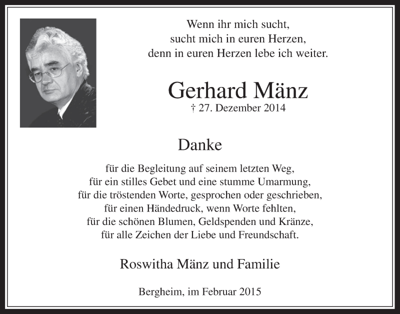  Traueranzeige für Gerhard Mänz vom 11.02.2015 aus  Werbepost 