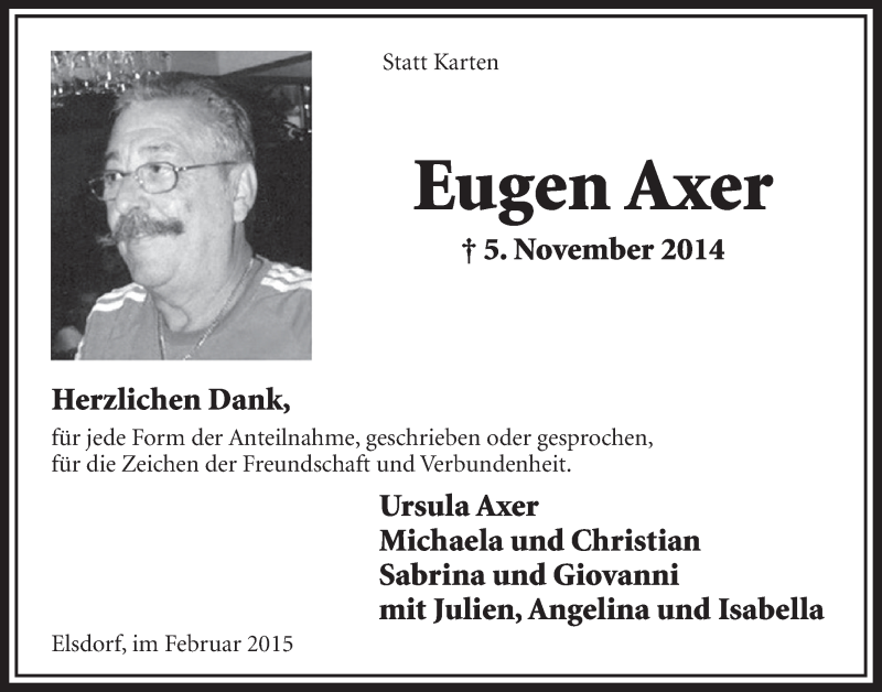  Traueranzeige für Eugen Axer vom 07.02.2015 aus  Sonntags-Post 