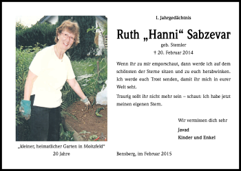 Anzeige von Ruth Hanni Sabzevar von Kölner Stadt-Anzeiger / Kölnische Rundschau / Express