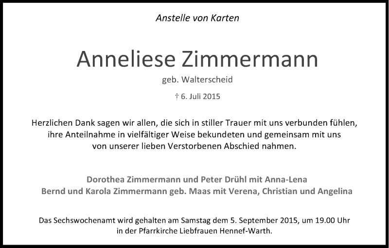 Traueranzeige für Anneliese Zimmermann vom 29.08.2015 aus Kölner Stadt-Anzeiger / Kölnische Rundschau / Express