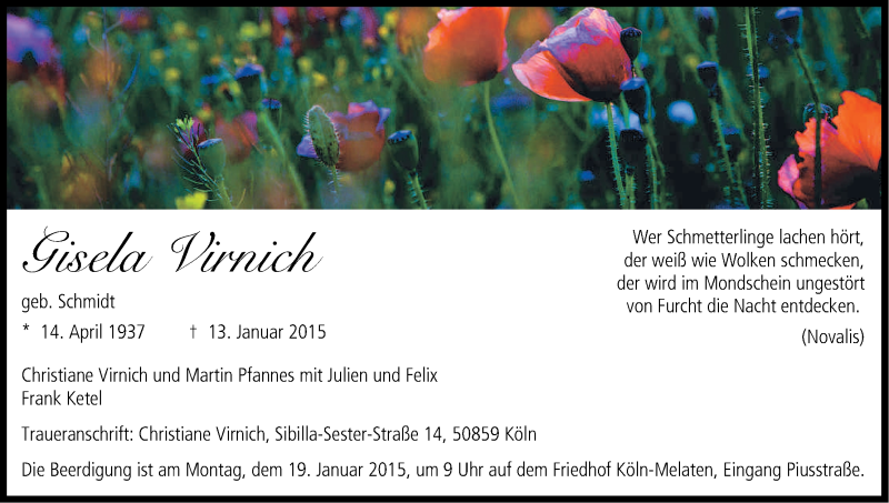  Traueranzeige für Gisela Virnich vom 17.01.2015 aus Kölner Stadt-Anzeiger / Kölnische Rundschau / Express