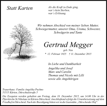 Anzeige von Gertrud Megger von Kölner Stadt-Anzeiger / Kölnische Rundschau / Express
