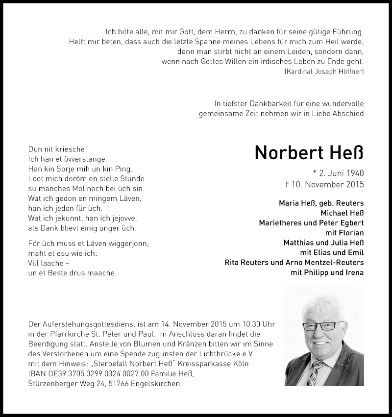 Traueranzeige für Norbert Heß vom 12.11.2015 aus Kölner Stadt-Anzeiger / Kölnische Rundschau / Express