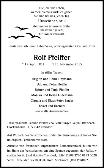 Anzeige von Rolf Pfeiffer von Kölner Stadt-Anzeiger / Kölnische Rundschau / Express