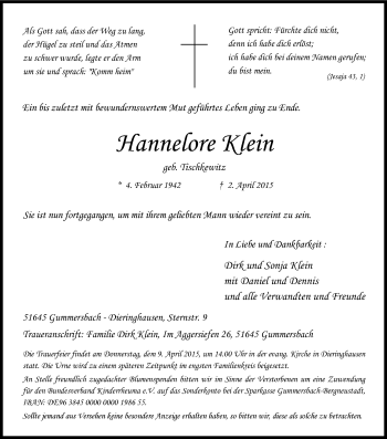 Anzeige von Hannelore Klein von Kölner Stadt-Anzeiger / Kölnische Rundschau / Express