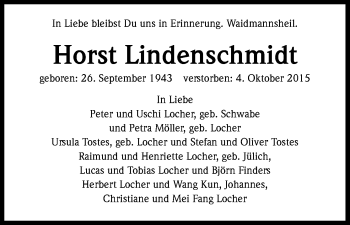 Anzeige von Horst Lindenschmidt von Kölner Stadt-Anzeiger / Kölnische Rundschau / Express