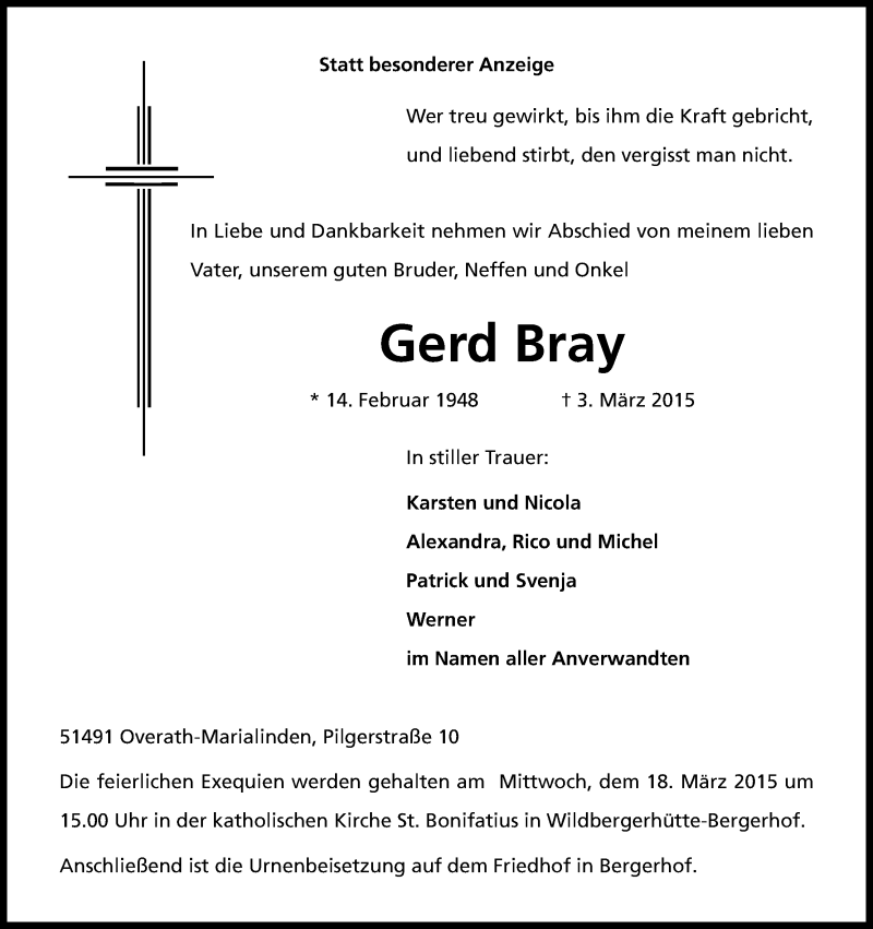  Traueranzeige für Gerd Bray vom 07.03.2015 aus Kölner Stadt-Anzeiger / Kölnische Rundschau / Express