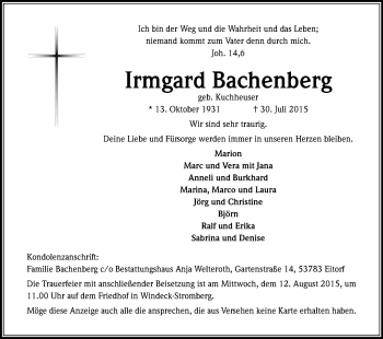 Anzeige von Irmgard Bachenberg von Kölner Stadt-Anzeiger / Kölnische Rundschau / Express
