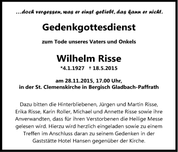 Anzeige von Wilhelm Risse von Köln - Wir Trauern