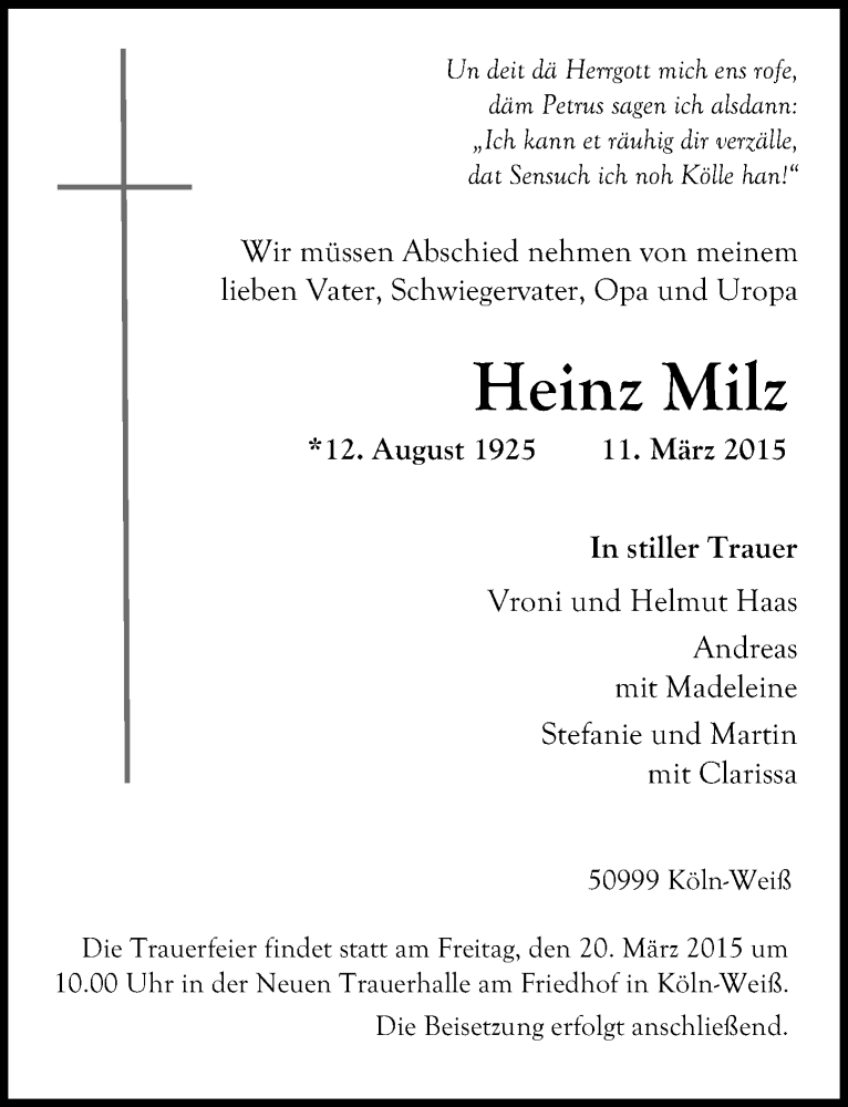  Traueranzeige für Heinz Milz vom 18.03.2015 aus  Kölner Wochenspiegel 
