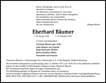 Anzeige von Eberhard Bäumer von Kölner Stadt-Anzeiger / Kölnische Rundschau / Express