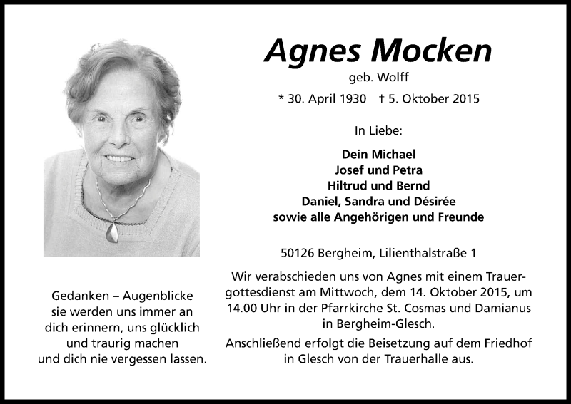  Traueranzeige für Agnes Mocken vom 10.10.2015 aus Kölner Stadt-Anzeiger / Kölnische Rundschau / Express