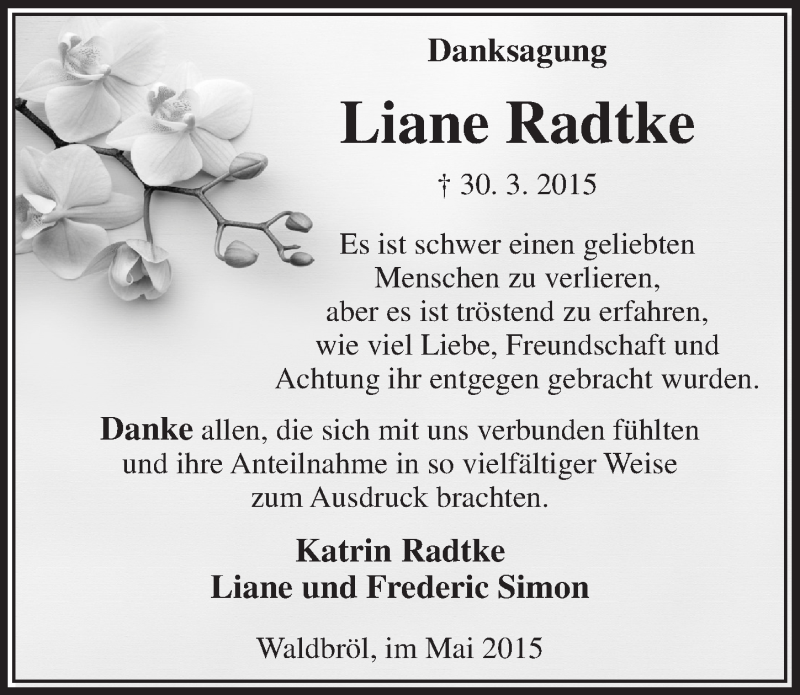  Traueranzeige für Liane Radtke vom 27.05.2015 aus  Anzeigen Echo  Lokalanzeiger 