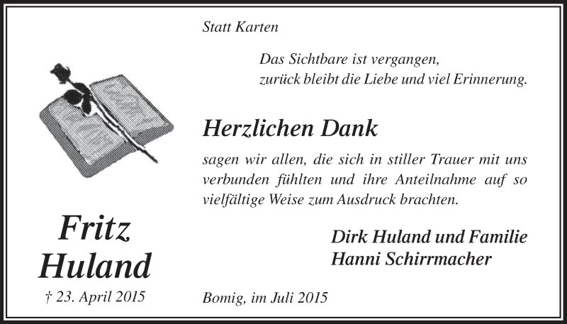  Traueranzeige für Fritz Huland vom 01.07.2015 aus  Anzeigen Echo 