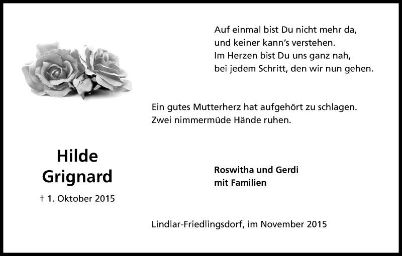  Traueranzeige für Hilde Grignard vom 14.11.2015 aus Köln - Wir Trauern