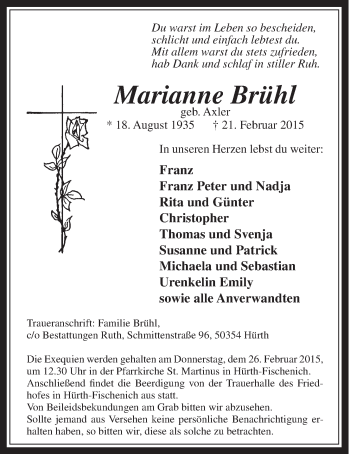Anzeige von Marianne Brühl von  Wochenende  Schlossbote/Werbekurier 