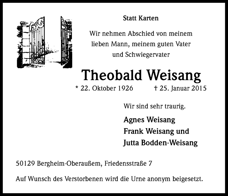  Traueranzeige für Theobald Weisang vom 31.01.2015 aus Kölner Stadt-Anzeiger / Kölnische Rundschau / Express