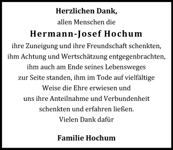 Anzeige von Hermann-Josef Hochum von Kölner Stadt-Anzeiger / Kölnische Rundschau / Express
