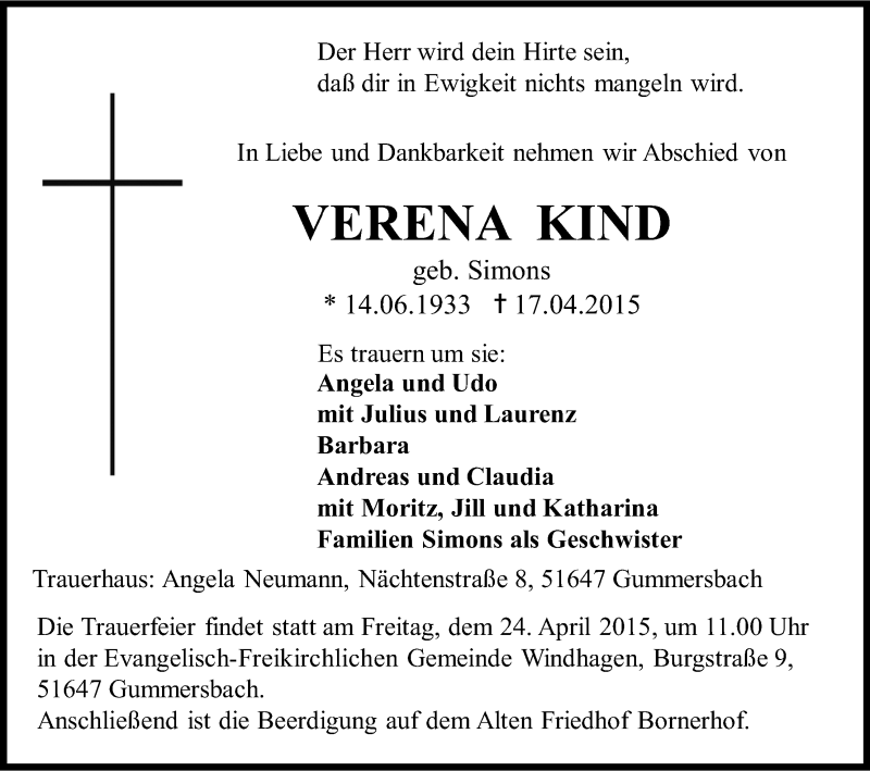  Traueranzeige für Verena Kind vom 22.04.2015 aus Kölner Stadt-Anzeiger / Kölnische Rundschau / Express