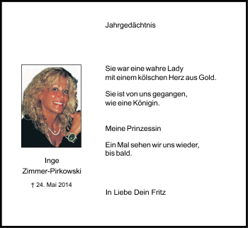 Anzeige von Inge Zimmer-Pirkowski von Kölner Stadt-Anzeiger / Kölnische Rundschau / Express