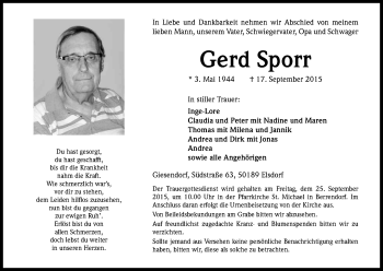 Anzeige von Gerd Sporr von Kölner Stadt-Anzeiger / Kölnische Rundschau / Express