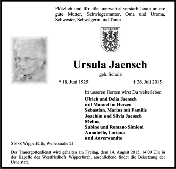 Anzeige von Ursula Jaensch von Kölner Stadt-Anzeiger / Kölnische Rundschau / Express