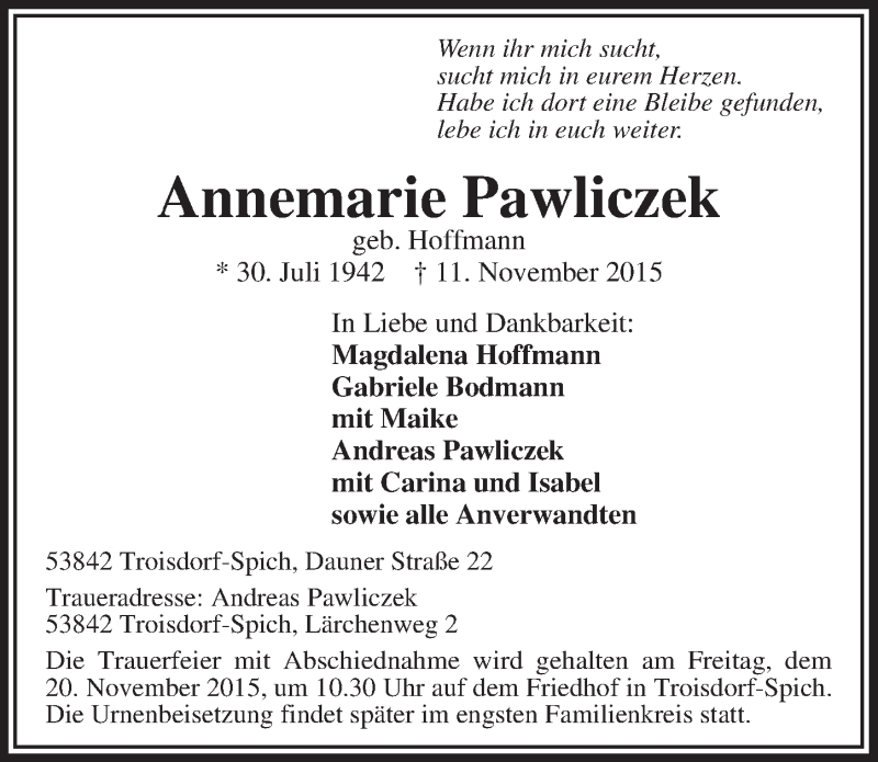  Traueranzeige für Annemarie Pawliczek vom 18.11.2015 aus  Extra Blatt 
