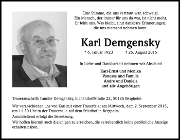 Anzeige von Karl Demgensky von Kölner Stadt-Anzeiger / Kölnische Rundschau / Express