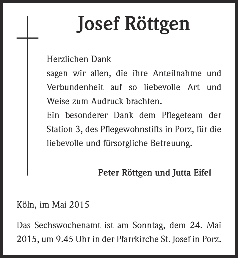  Traueranzeige für Josef Röttgen vom 13.05.2015 aus  Kölner Wochenspiegel 