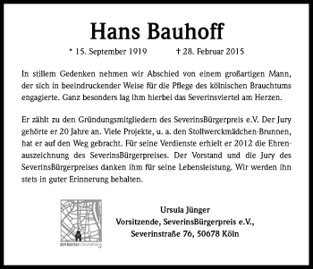 Anzeige von Hans Bauhoff von Kölner Stadt-Anzeiger / Kölnische Rundschau / Express