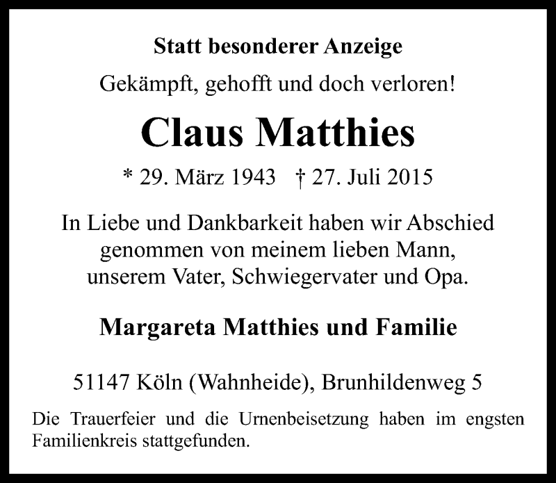  Traueranzeige für Claus Matthies vom 05.08.2015 aus  Kölner Wochenspiegel 