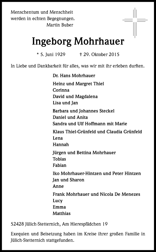  Traueranzeige für Ingeborg Mohrhauer vom 14.11.2015 aus Köln - Wir Trauern