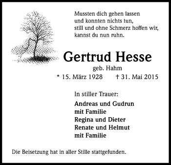 Anzeige von Gertrud Hesse von Kölner Stadt-Anzeiger / Kölnische Rundschau / Express