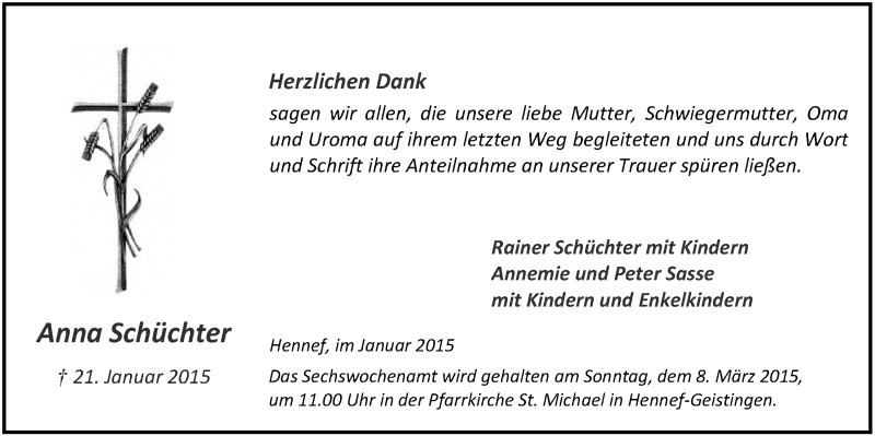  Traueranzeige für Anna Schüchter vom 25.02.2015 aus  Extra Blatt 
