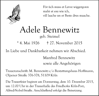 Anzeige von Adele Bennewitz von Kölner Stadt-Anzeiger / Kölnische Rundschau / Express