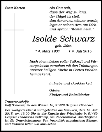 Anzeige von Isolde Schwarz von Kölner Stadt-Anzeiger / Kölnische Rundschau / Express