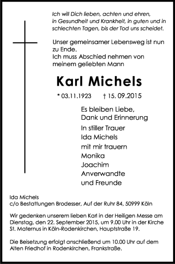 Anzeige von Karl Michels von Kölner Stadt-Anzeiger / Kölnische Rundschau / Express