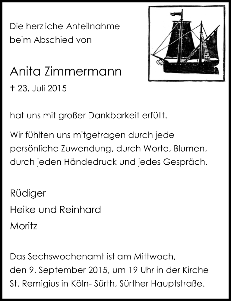  Traueranzeige für Anita Zimmermann vom 02.09.2015 aus  Kölner Wochenspiegel 