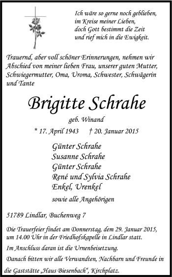 Anzeige von Brigitte Schrahe von Köln - Wir Trauern
