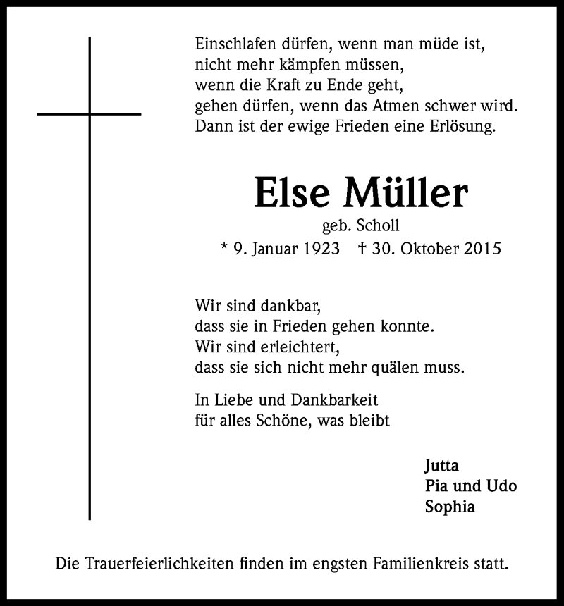  Traueranzeige für Else Müller vom 07.11.2015 aus Kölner Stadt-Anzeiger / Kölnische Rundschau / Express