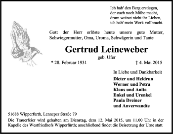 Anzeige von Gertrud Leineweber von Kölner Stadt-Anzeiger / Kölnische Rundschau / Express