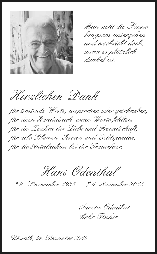  Traueranzeige für Hans Odenthal vom 10.12.2015 aus Kölner Stadt-Anzeiger / Kölnische Rundschau / Express