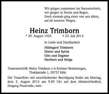 Anzeige von Heinz Trimborn von Kölner Stadt-Anzeiger / Kölnische Rundschau / Express