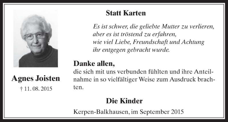  Traueranzeige für Agnes Joisten vom 23.09.2015 aus  Werbepost 