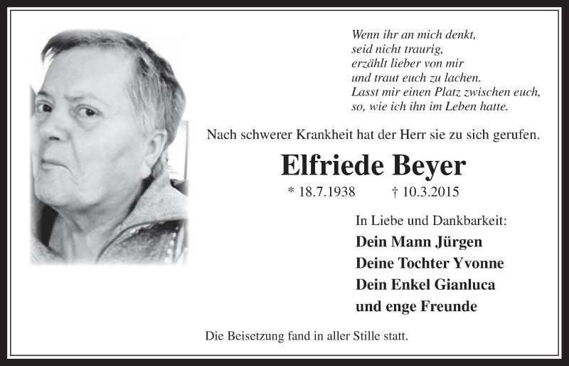  Traueranzeige für Elfriede Beyer vom 18.03.2015 aus  Werbepost 