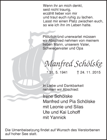 Anzeige von Manfred Schölske von  Kölner Wochenspiegel 